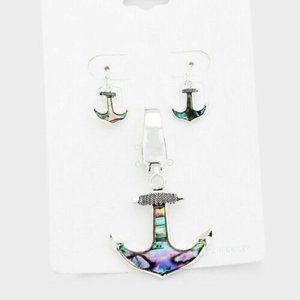Anchor Pendant SET Necklace Earrings Abalone Shell